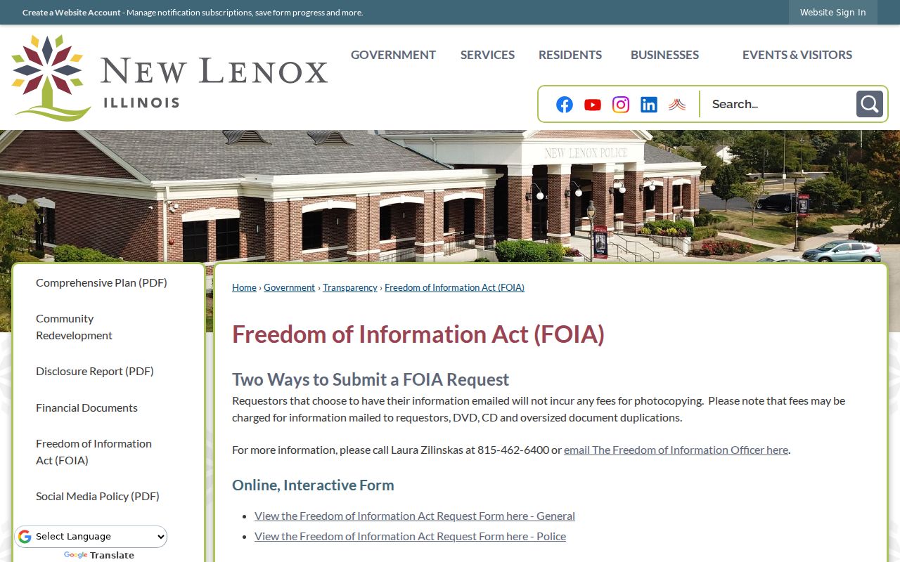 New Lenox residents directory Village FOIA catalog